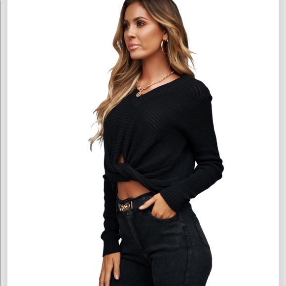 🔥HOT CHIC🔥Sexy V-Neck Twist Front Crop Sweater Black M/L NWT - Picture 4 of 8